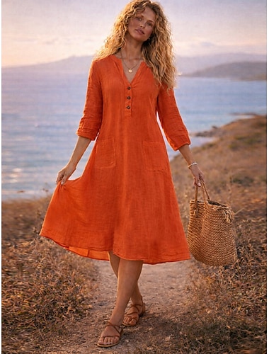  Damen Midikleid Kunstbaumwollleinen Hemdblusenkleid Freizeitkleid Klassisch Modern Outdoor Urlaub Ferien Normale Passform Einfach Langarm V Ausschnitt Schwarz Purpur Orange Leicht Blau Herbst