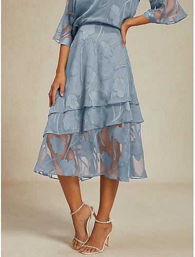  Femmes Jupe en dentelle Élégant Midi Taille Moyenne Jupes Fleuri Floral Superposé Ceinture Élastique Dentelle illusion Élastique Quotidien Saint-Valentin Gris ciel Été Polyester