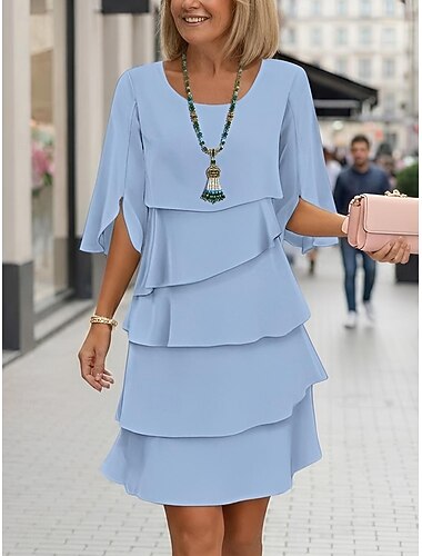  Damen Minikleid Chiffonkleid Stufenkleid Mode Modern Outdoor Ferien Ausgehen Normale Passform Einfach Halbarm Rundhalsausschnitt Blau Schwarz Rosa Frühling Herbst