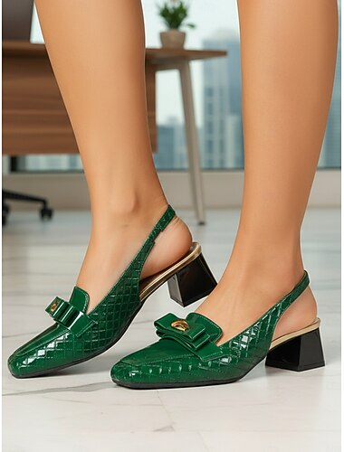  Zwarte gewatteerde slingback loafers voor dames - elegante pumps met vierkante neus, blokhak en strik. &gouden details voor dagelijks kantoorwerk, business casual &professionele kleding