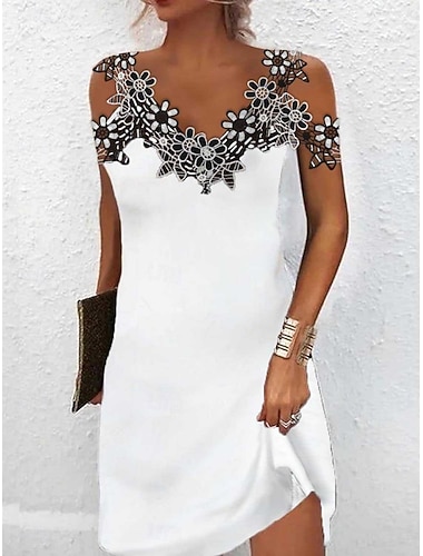  Damen Minikleid Spitzenkleid Weißes Kleid Elegant Mode Modern Outdoor Urlaub Ausgehen Normale Passform Blumen Ärmellos V Ausschnitt Schwarz Weiß Rote Sommer Frühling
