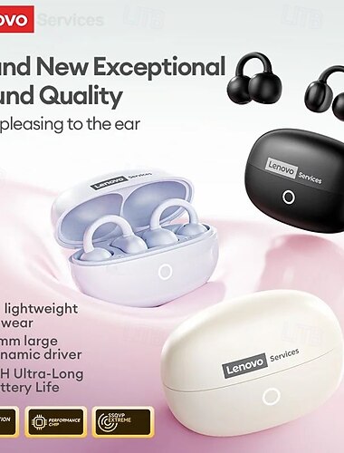  Écouteurs intra-auriculaires sans fil Lenovo à clip, Bluetooth 6.0 avec étui de chargement, 30 h d'autonomie, format compact &Son puissant, micro intégré, écouteurs confortables pour le sport et