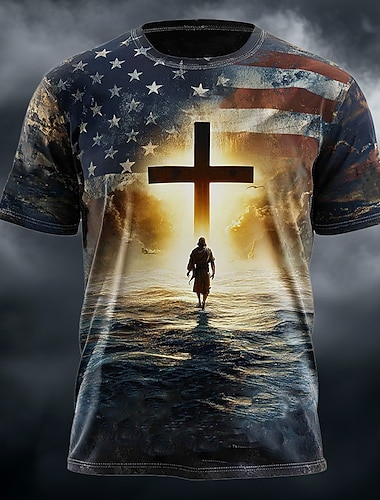  250. rocznica Ameryki Koszulka męska Biblia Jezus Krzyż Flaga Amerykańska USA Gwiazdy Pasek Patriotyczna Religijna Całkowity Druk T-Shirt Krótki Rękaw Koszulka Celebration Gift Projektant Odzież