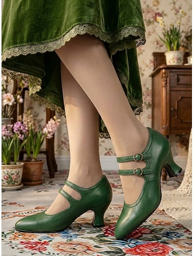  Dámské viktoriánské vintage zelené Mary Jane podpatky - elegantní lodičky s dvojitým páskem a kotníkovým podpatkem &detail brogue pro čajové dýchánky, retro akce &formální příležitosti