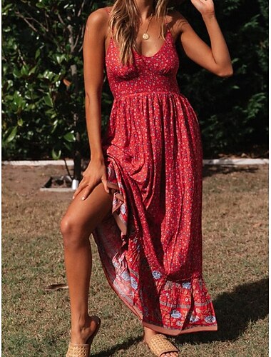  Dames Maxi-jurk Boho-jurk Casual jurk Slipdress Elegant Modieus Modern Buiten Vakantie Uitgaan Normale pasvorm Bloemig Mouwloos V-hals Zwart Rood Beige Zomer Lente