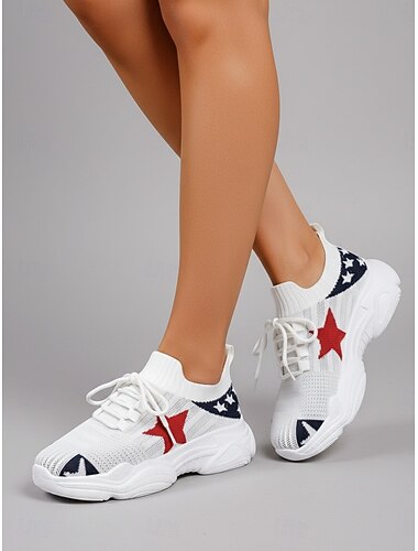  Patriottische gebreide sneakers voor dames – ademende, lichtgewicht veterschoenen met sterrenprint, casual sportieve stijl voor Onafhankelijkheidsdag, parades en reizen. &dagelijkse kleding