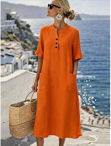  Damen Midikleid A Linie Kleid Lässig Täglich Normale Passform Einfach Halbarm Hoher Ausschnitt Blau Schwarz Purpur Orange Sommer Frühling