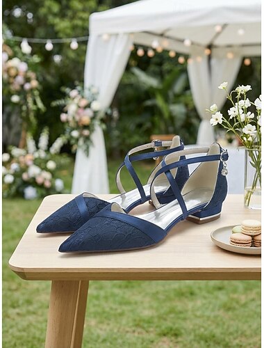  Damesschoenen met spitse neus, marineblauw, platte pasvorm en gekruiste bandjes, elegante schoenen voor de moeder van de bruid bij een tuinbruiloft, comfortabele platte schoenen voor buiten.