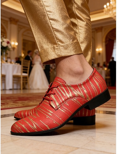  Røde og gullstripete pensko i imitert skinn til menn – stilig formelt fottøy til bryllup og forretningsarrangementer