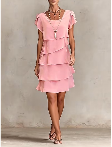  Damen Minikleid Cocktailkleid Kleid für Hochzeitsgäste Chiffonkleid Stufenkleid Elegant Abendgesellschaft Date Ausgehen Normale Passform Einfarbig Kurzarm Rundhalsausschnitt Rosa Wein Rote Herbst