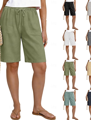  Damen Caprihose Shorts Leinenshorts Sommershorts Urlaub Mode Basic Knielang Mittlere Taillenlinie Einfach Kordelzug Tasche Elastischer Bund Leicht Atmungsaktiv Unelastisch Täglich Straße Ferien