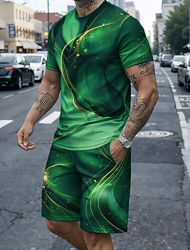  Miesten Geometrinen 2kpl T-paidat setit Kesän yläosat Lyhythihainen Lyhyet housut Tiukka pyöreä kaula-aukko Urheilu Vapaa-aika muodikas ulko- Loma Bile 3D-tulostus Kesä Sininen Purppura Apila