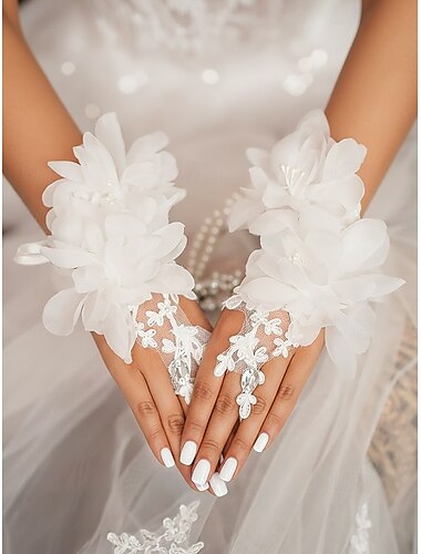  Guanti da sposa da donna, in poliestere, multicolore, con motivo a petali di fiori e dettagli in strass, eleganti guanti in pizzo perfetti per matrimoni, feste ed eventi speciali