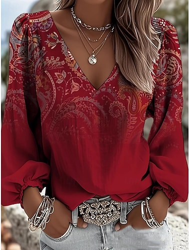  Dame Bluse Trykt mønster Blomstret Bohem Årgang Fritid Langermet V-hals Vanlige topper Daglig Blå Svart Hvit Rosa Vin Sommer Vår Høst