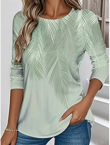  Damen T Shirt Druck Blumen Grafik Pflanzen Stilvoll Klassisch Modern Langarm Rundhalsausschnitt Normale Oberteile Täglich Wochenende Urlaubskleidung Blau Rosa Königsblau Grün Grau Sommer Frühling