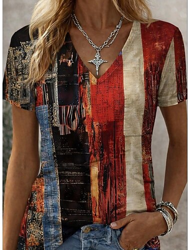  Per donna Maglietta Stampato Grafico A righe Astratto Elegante Classico Casual Manica Corta Scollo a V Top lunghi Quotidiano Marrone e nero Grigio / Bianco Bianco Estate Primavera