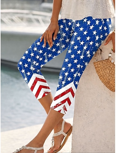  Mulheres chinês Leggings Férias Moda Roupa de rua Capris Cintura AltaPantsDia da Independência Americana Gráfico Bandeira americana Conforto Macio Confortável Com Stretch Diário Ao ar livre Férias