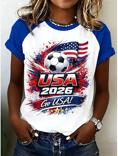  Damen T Shirt Druck Grafik Fussballteam Stilvoll Klassisch Lässig Kurzarm Rundhalsausschnitt Normale Oberteile Täglich Blau Schwarz Rosa Grün Sommer Frühling