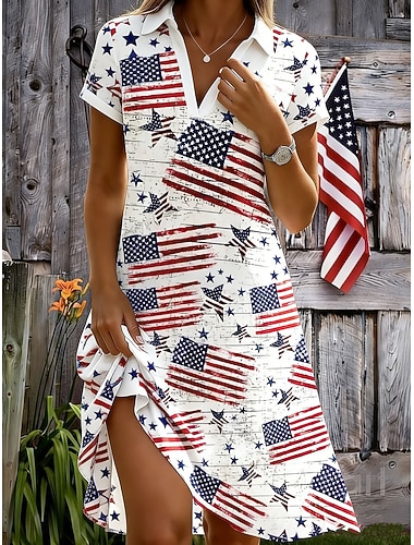  Amerikanischer Unabhängigkeitstag Damen Knielanges Kleid A Linie Kleid Urlaub Lässig Strand Strand Normale Passform Grafik Flagge Kurzarm V Ausschnitt Blau Schwarz Weiß Rote Sommer Frühling