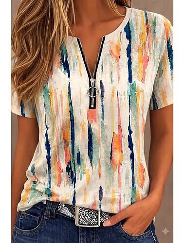  Damen T Shirt Reißverschluss Viertel Postleitzahl Grafik Geometrisch Farbblock Tropisch Hawaiianisch Stilvoll Kurzarm Rundhalsausschnitt V Ausschnitt Normale Oberteile Täglich Sport Ausgehen Schwarz