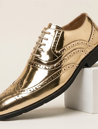  Herresko med gullfarget metallisk oxford-sko, snøring, formelle dresssko, glansfulle brogue-sko, forretningssko til bryllup, banketter, fester, sceneopptredener, skoleball og luksuriøst kveldsantrekk