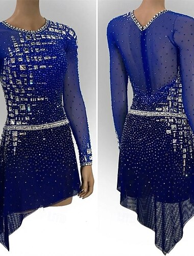  Kunstschaatsjurk Dames Schaatsen Jurken Donker Marineblauw Lapwerk Asymetrische zoom Rekbaar Opleiding Wedstrijd Kunstschaatskleding Klassiek Kristal / Bergkristal Lange mouw Schaatsen Kunstschaatsen