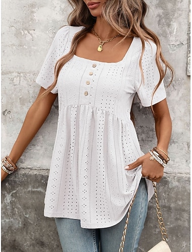  Femmes Chemise Chemise ajourée Haut à œillets Chemisier Boutons Uni ancien Élégant Classique Manche Courte Col carré Hauts Réguliers Occasionnel Quotidien Plage Noir Blanche Rose Claire Bleu Ciel Vert
