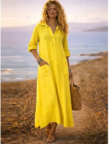  abito lungo da donna normale abito camicia abito lungo casual sportivo e per esterni appuntamento vestibilità regolare tinta unita colletto camicia blu giallo verde primavera autunno