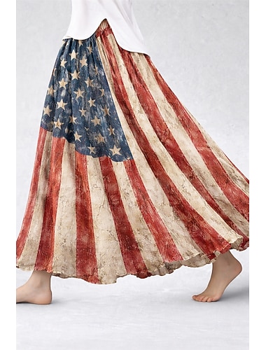  Damen-Urlaubsrock zum 250. Unabhängigkeitstag, modisch, lässig, Maxirock mit hohem Bund, Grafikprint mit Taschen, Mikro-Elastik, blau-rot, Frühlingsform, 95 % Polyester, 5 % Elasthan