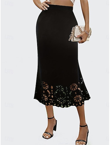  Damen Spitzenrock Elegant Mode Lässig Midi Mittlere Hüfthöhe Röcke Einfach Spitze Loch Dehnbar Täglich Urlaub Schwarz Wein Dunkelgrün Khaki Sommer Spandex Polyester