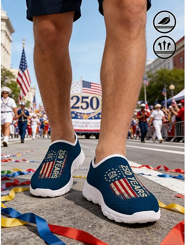  حذاء رياضي رجالي أسود سهل الارتداء بتصميم وطني - حذاء مشي خفيف الوزن وجيد التهوية مزين بطبعة العلم الأمريكي وتصميم جرافيكي يعود إلى 250 عامًا، مناسب للارتداء اليومي، والمناسبات الاحتفالية، والسفر،