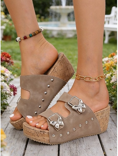  レディース カーキ ウェッジサンダル - スタッズ付きコルクヒール サマースライド &庭や休暇用のリボンバックル &カジュアルウェア