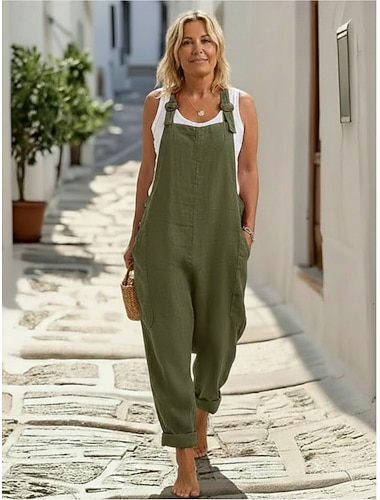  Dámské Běžný Kalhoty Kombinéza Jednodílné Módní Plná délka Středně vysoký pas Bez vzoru Boční kapsy Pohodlné Neelastické Ležérní Víkend Černá Rubínově červená Trávová zelená Léto Jaro & podzim Běžný