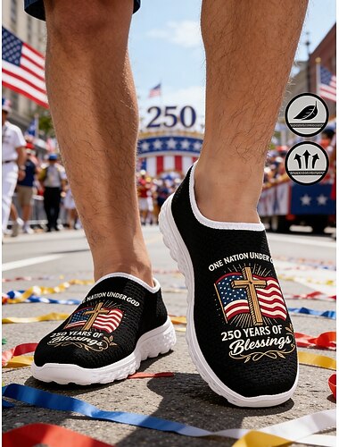  أحذية رياضية رجالية سوداء سهلة الارتداء بتصميم وطني - أحذية مشي خفيفة الوزن وجيدة التهوية مزينة بعلم أمريكي وتصميم جرافيكي بمناسبة مرور 250 عامًا، مناسبة للارتداء اليومي، والمناسبات الاحتفالية،