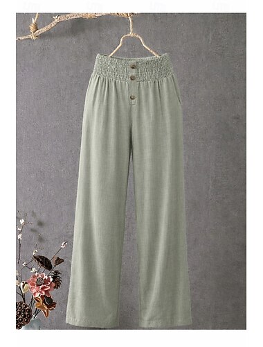  Damen Hose aus Baumwollleinen Weites Bein Chinos Sommerhose Urlaub Streetwear Basic Volle Länge Mittlere Taillenlinie Einfach Tasche Elastischer Bund Bequem Komfort Mikroelastisch Outdoor Urlaub