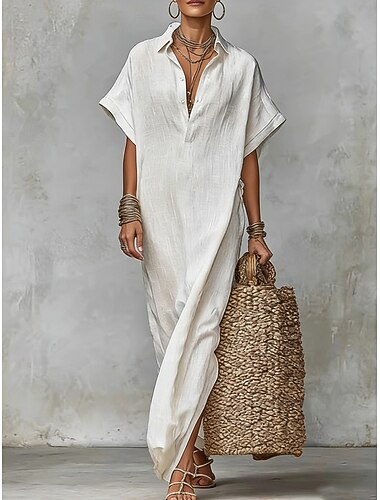  Dam Midiklänning Skjortklänning Vardagsklänning Klänning i bomullslinne Elegant Mode Modern Utomhus Semester Utekväll Lös passning Slät Kortärmad Tröjkrage Blå Vit Gul Vinröd Sommar Vår