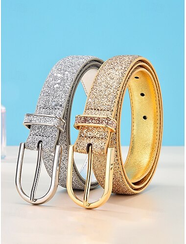  Cinto feminino em couro sintético, nas cores dourado e prateado, ajustável, acessório estiloso para uso casual diário, viagens e looks de férias.
