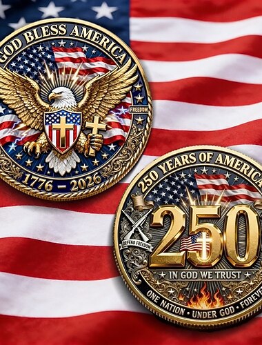  Amerikansk minnemynt til 250-årsjubileum med patriotiske ørn- og korsmotiver med «Gud velsigne Amerika»-stemning, samleobjekt
