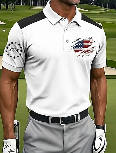  4 يوليو 2026، الذكرى 250 رجالي علم الولايات المتحدة الأمريكية غولف قمصان بولو رياضية كم قصير قمصان البولو قميص بياقة كاجوال ملابس الرياضة Buttons للربيع والصيف أزرق أبيض أحمر