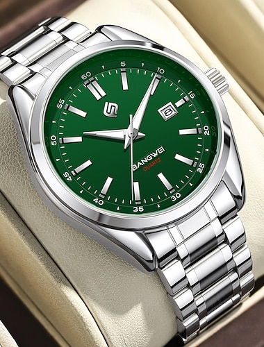  Relógio masculino com mostrador verde-floresta, pulseira de aço inoxidável, movimento de quartzo, exibição de data, relógio analógico à prova d'água para uso casual em negócios, joia clássica e
