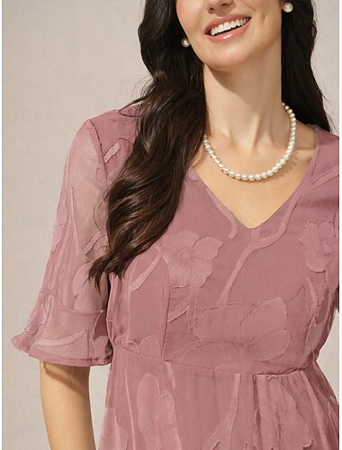  Damen Midikleid A Linie Kleid Elegant Täglich Urlaub Hochzeitsgast Spitze Normale Passform Blumen Kurzarm V Ausschnitt Pudriges Rosa