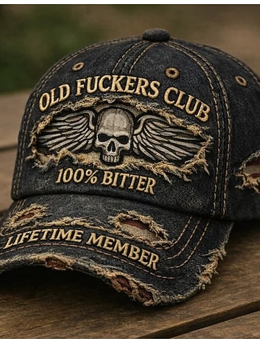  Lustige Retro-Mütze mit Stickerei, Vintage-Baseballkappe mit Totenkopf- und Flügelmotiv im Used-Look, verstellbar, witzige Grafikmütze für Herren, Outdoor- und Streetwear