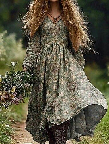  Femmes Robe Maxi Robe bohème Robe Vintage Robe Décontractée ancien Quotidien Extérieur Vacances Coupe régulière Fleuri manche longue Col en V Vert Printemps Automne