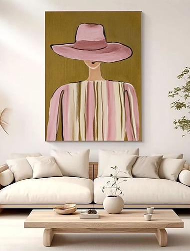  Handgemaltes abstraktes Porträt einer Frau mit rosa Hut, moderne figurative Leinwandkunst, zeitgenössisches minimalistisches Wandbild in Salbeigrün mit Struktur