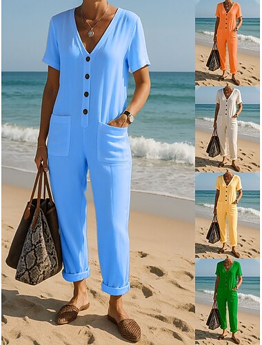  Dam Vanligt Jumpsuits Aktiv Ensfärgat Kortärmad Rak V-hals Ficka Knappar Dagligen Semester Normal Gul Orange Grön Sommar