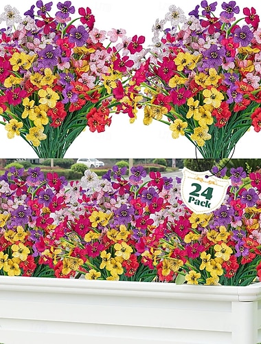  24 stuks kunstbloemen voor buiten, plastic bloemendecoratie, UV-bestendige kunstbloemen en -struiken, kunstplanten voor binnen en buiten, tuin, huis, bruiloft, boerderij (6 kleuren)