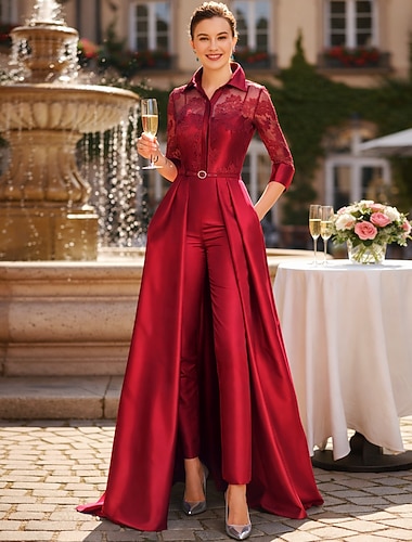  Buksedrakt Ankellengde Kjole til brudens mor 3/4 ermer Skjortekrage Elegant Fest Formell Bryllupsgjest Sateng Blonder med Plissert