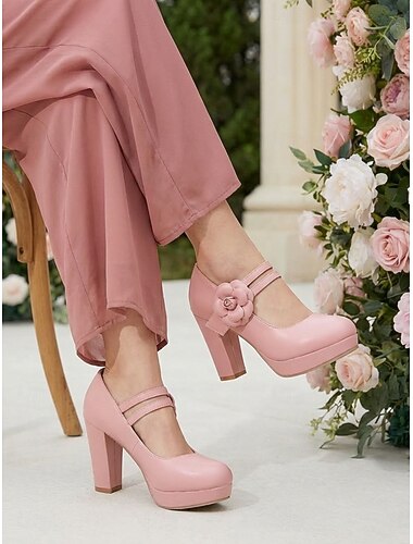  Roze platform Mary Jane hakken voor dames, stevige blokhakken met bloemendetails, perfect voor de moeder van de bruid, tuinbruiloft &formele evenementen