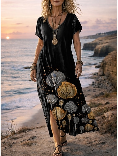  Dames Maxi-jurk Boho-jurk Casual jurk A lijn jurk Jurk met print Vintage Buiten Vakantie Weekend Normale pasvorm Bloemig Grafisch Korte mouw V-hals blauw Zwart Blozend Roze Paars Zomer Lente