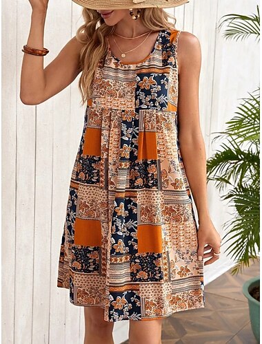  Per donna Abito al ginocchio Abito Boho Abito da Spiaggia Vestito Casual Elegante Moda Moderno All'aperto Vacanza Uscire Vestibilità regolare Floreale Senza Maniche Girocollo Blu Viola Arancione